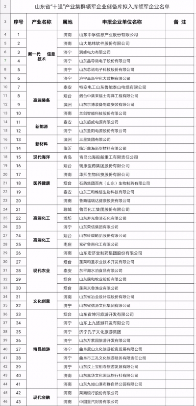 山东省“十强”产业集群领军企业名单公示