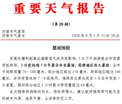 连下三天！5日夜间到7日早晨济南全市将有暴雨 局地大暴雨
