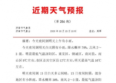 济南近期小雨频繁 15日低温降至6℃左右